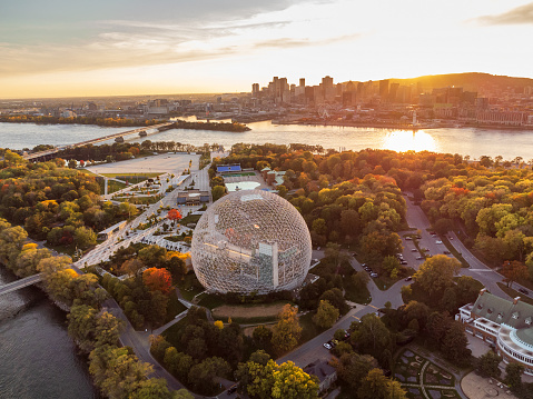Aerial view of Montreal Biosphere in autumn sunset time. Jean-Drapeau Park, Saint Helen’s Island, Montreal, Quebec, Canada. Aerial view of Montreal Biosphere in Montreal Quebec