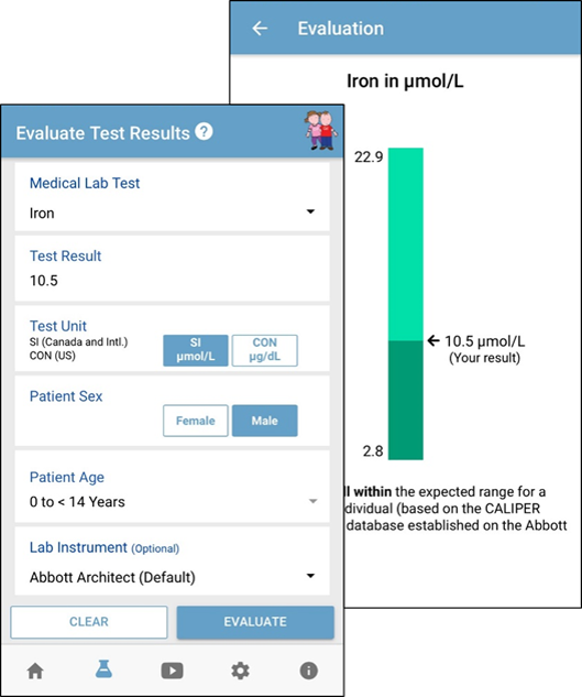 Users can enter the medical lab test, test result, test unit, patient sex, patient age, and lab instrument (optional) to evaluate a test result in the CALIPER mobile app